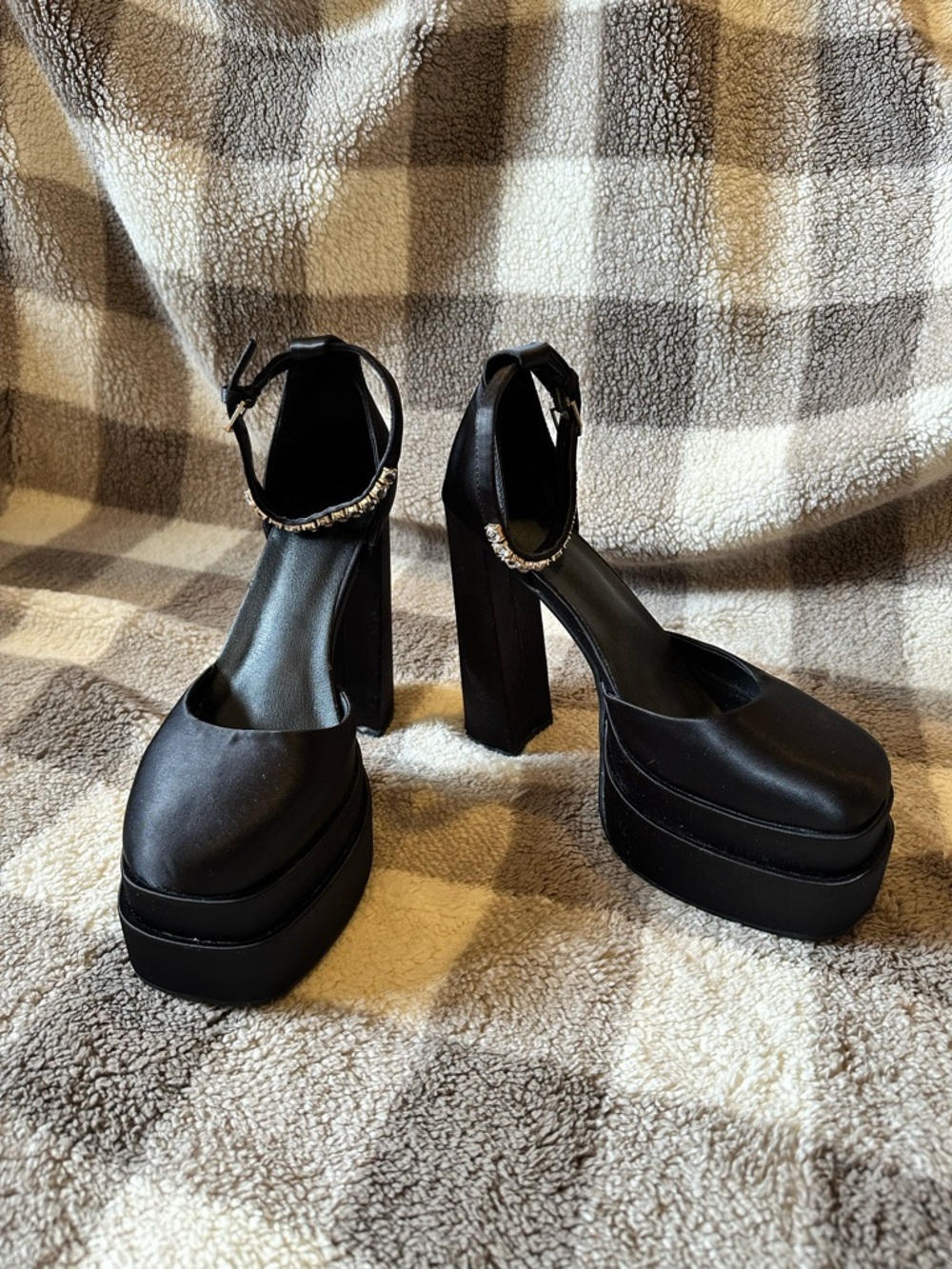 Black Platform Diamond Ankle-Strap Women’s Heels